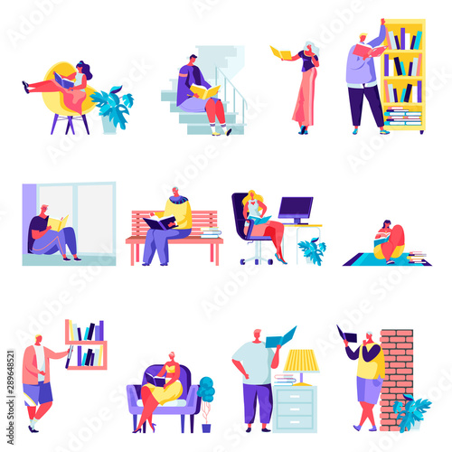 Set of flat people reading or students studying characters. Bundle cartoon people book lovers, readers, literature fans isolated on white background. Vector illustration in flat modern style.