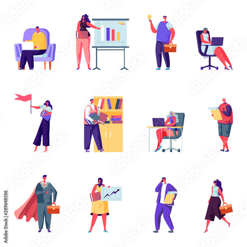 Set of flat business office people characters. Bundle cartoon people in various poses, graphs, data analysis on white background. Vector illustration in flat modern style.