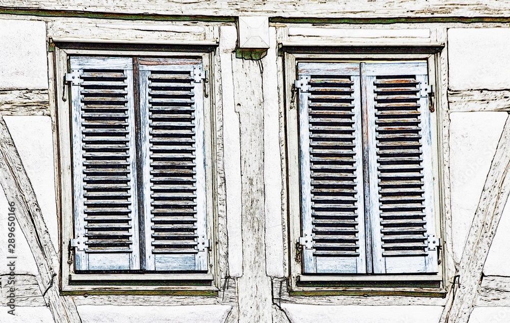 Close up of blue wooden shutters on an old timbered house Close up of blue wooden shutters on an old timbered house