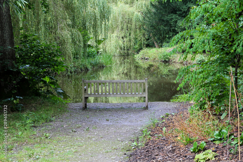 A park bench overlooking a beautiful calm lake in summer. 