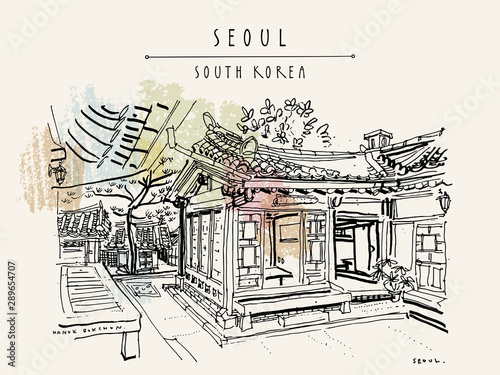 Seoul, South Korea. Hanok Bukchon. Hand drawn vintage touristic postcard