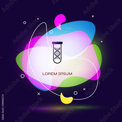 Black DNA research, search icon on dark blue background. Genetic engineering, genetics testing, cloning, paternity testing. Abstract banner with liquid shapes. Vector Illustration