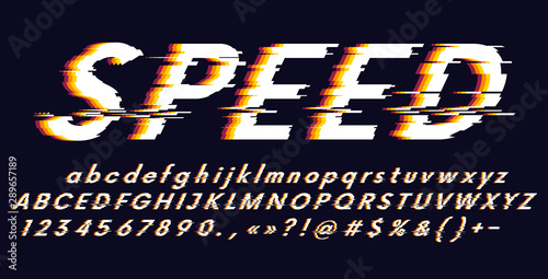 Vector Alphabet letters and numbers stylized fonts, speed effect faster motion, distorted glitch screen effect