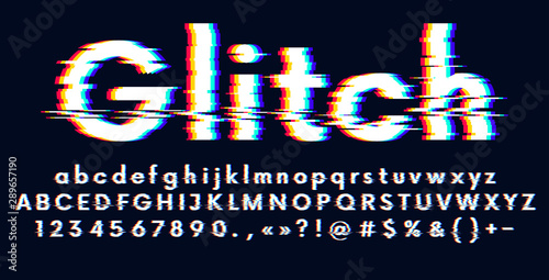 Digital glitched alphabet distorted screen error effect, Latin uppercase and lowercase letters Glitch typeface, vector illustration