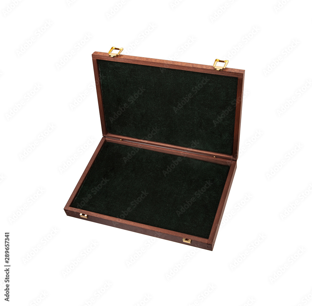 Fototapeta premium An open wooden box with gilded locks. Luxury packaging for anything.
