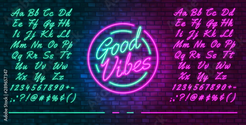 Neon futuristic font, luminous blue and pink uppercase and lowercase letters, colorful bright neon hand drawn typeface, glowing sign Good vibes, vector illustration photo