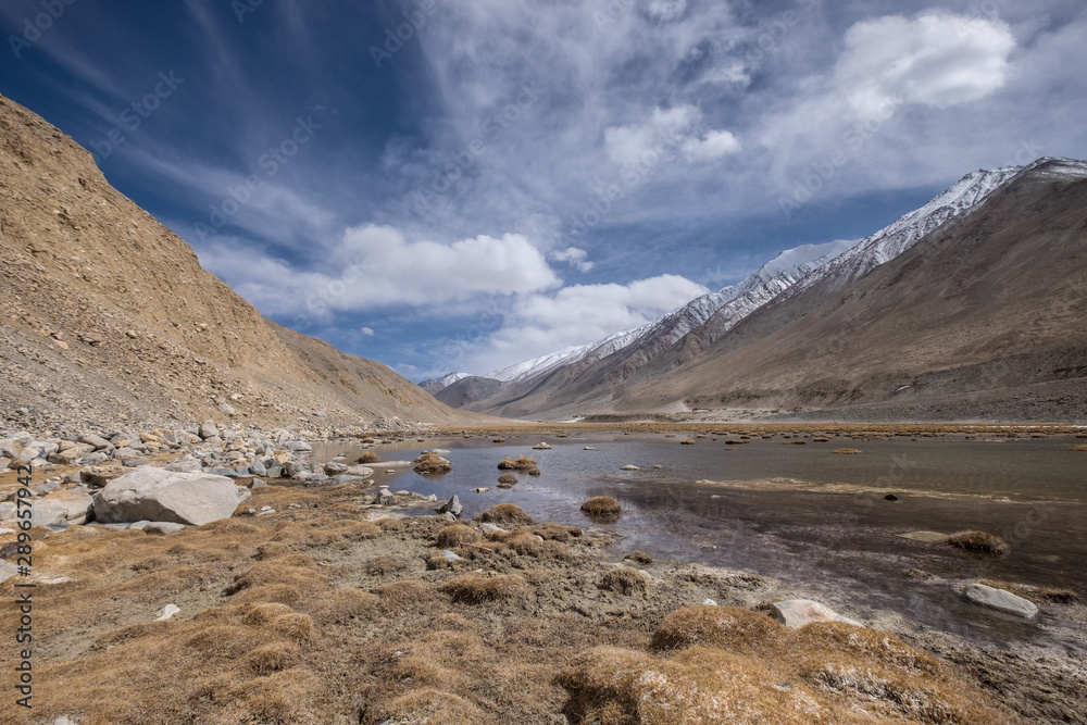 Spring alpine mountain climate highland landscape in Leh Ladakh, India.