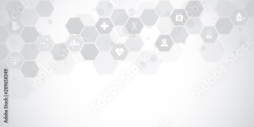 Abstract medical background with flat icons and symbols. Template design with concept and idea for healthcare technology, innovation medicine, health, science and research.