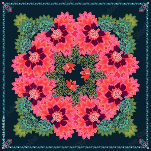 Beautiful shawl with paisley, red lilies, fantasy flowers and decorative border jn dark blue background. Fashionable accessory.