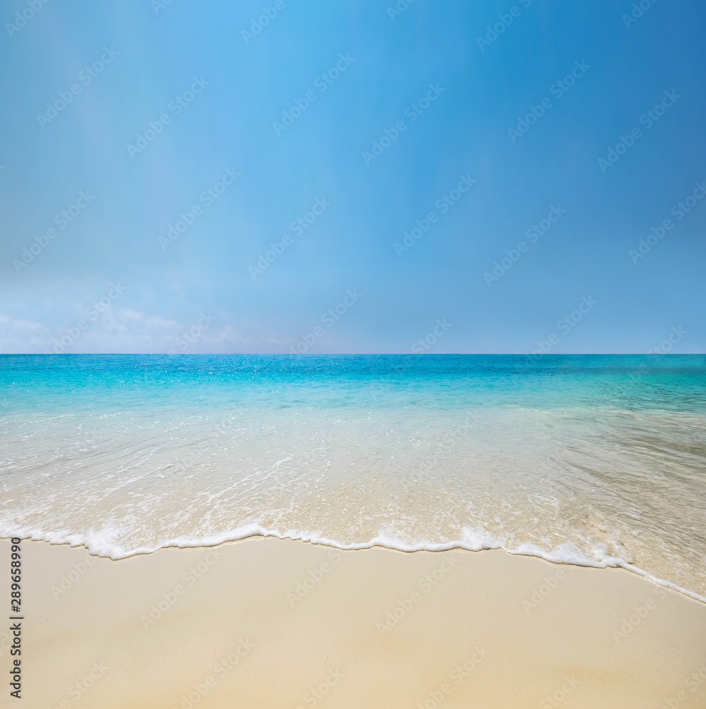 Blue sea wave on sand beach. Summer sunny holiday relax background with copy space.