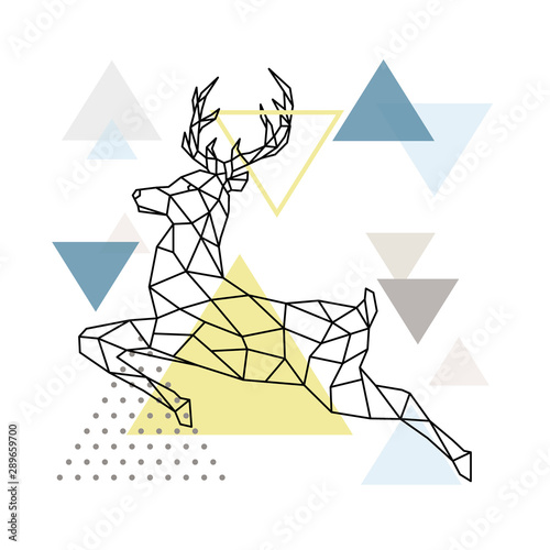 Abstract polygonal deer illustration. Flying Reindeer with side view. Scandinavian style Poster. Vector illustration.