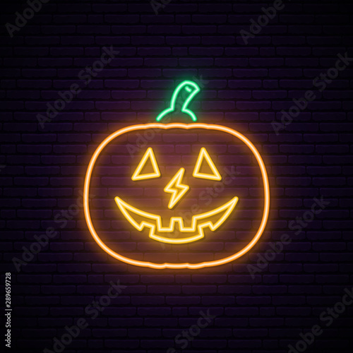 Halloween pumpkin neon sign. Happy Halloween vector icon. Smiling pumpkin illustration.