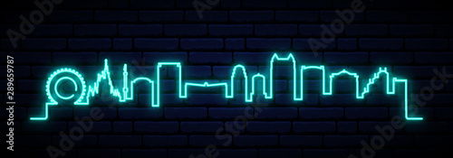 Blue neon skyline of Orlando City. Bright Orlando City long banner. Vector illustration.
