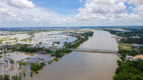 Aerial view of major floods Caused by river overflowing  Resulting in the northeast region Of Thailand adjacent to the Mun River Affected There is Ubon Ratchathani Province, Sisaket on September 14, 2