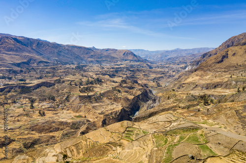 Aerial view of Colca Valley and Colca Canyon, Peru. The Incas to build farming terraces with Pond and Cliff. 
