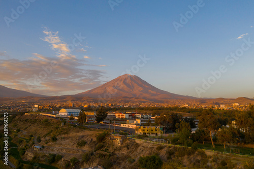 Aerial view of a sunset in Arequipa city with Misti volcano as background  Peru.