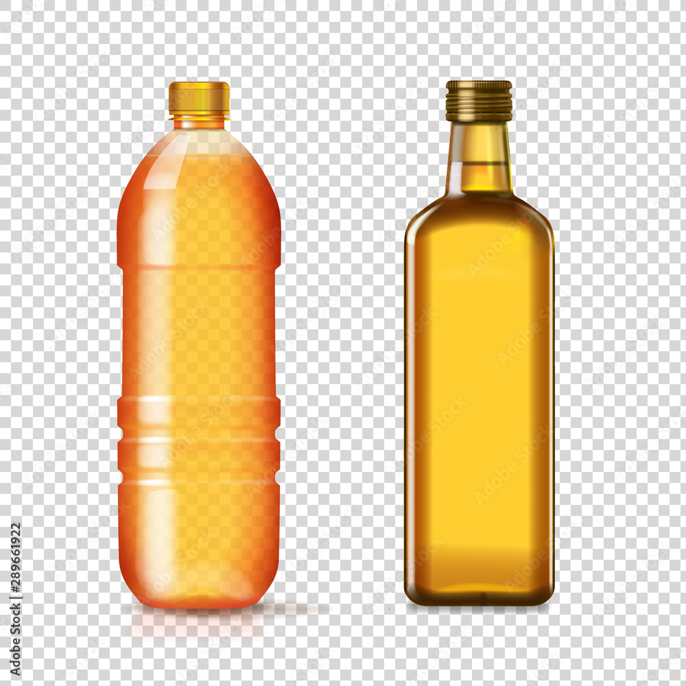 Sunflower seed oil bottles vector realistic set. Plastic and glass bottles with yellow oil collection Sunflower seed oil bottles vector realistic set. Plastic and glass bottles with yellow oil collection