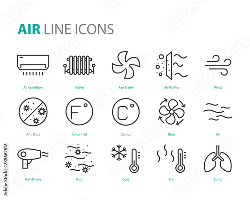 set of air icons, such as air filter, temperature, air purifier, dust