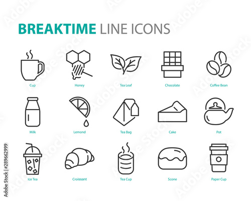 set of break time icons, coffee, tea, cake, pot