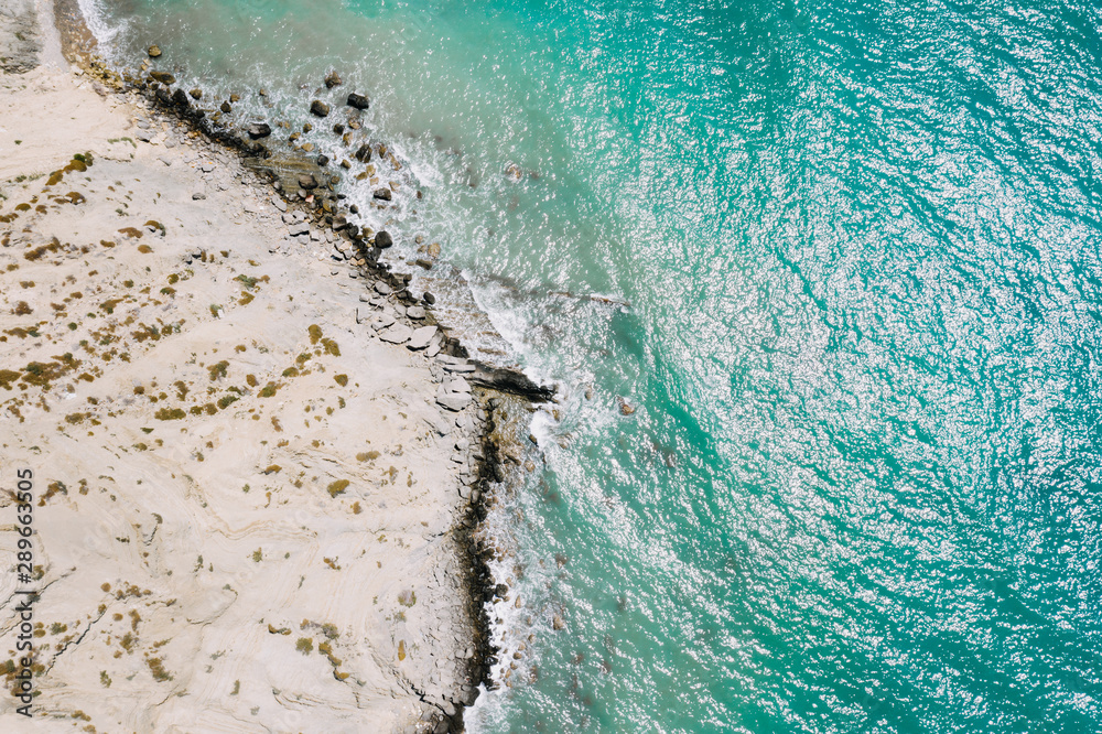 Aerial landscape of blue rocky coast. Mediterranean sea