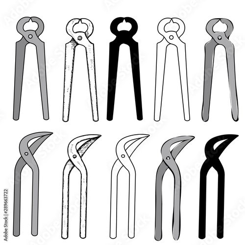 white background, construction tool, nippers, sketch and silhouette