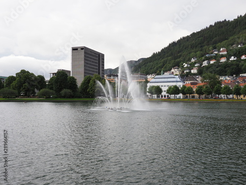 Lille Lungegardsvannet or Smalungeren lake with fountain in the centre of city of Bergen in Norway