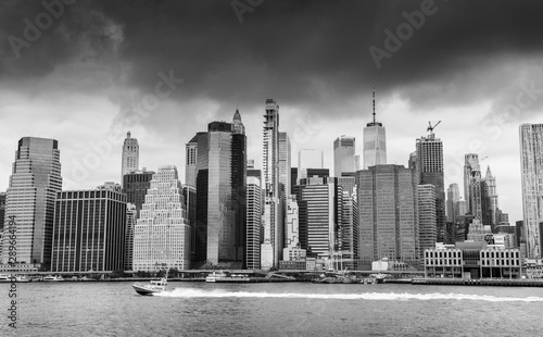 View of Manhattan and a police boat