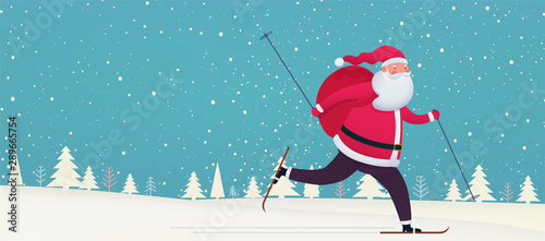 Santa Claus skiing with bag of gifts on snowy background. Merry Christmas and Happy New Year banner, greeting card.