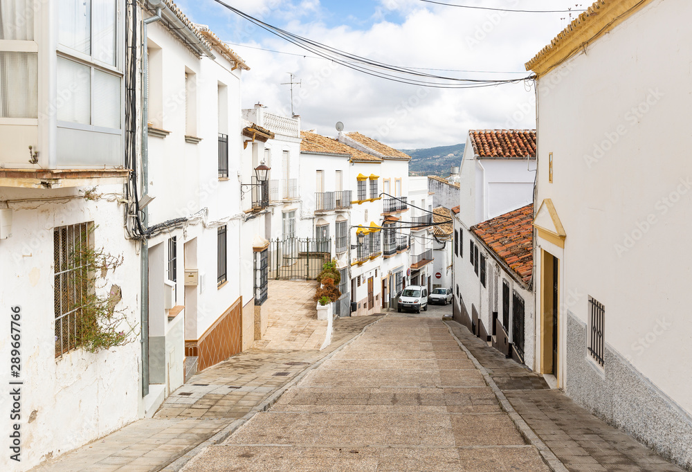 a street with typical white houses in Olvera town, province of Cadiz, Andalusia, Spain