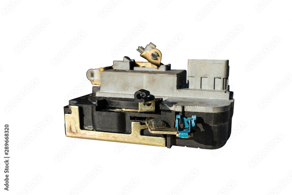 Auto door lock, actuator car door, isolated on a white background with a clipping path. Auto door lock, actuator car door, isolated on a white background with a clipping path.
