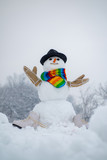 Funny snowman with a carrot instead of a nose and in a warm knitted hat on a snowy meadow on a blurred snow background. Christmas snowman close up with scarf.