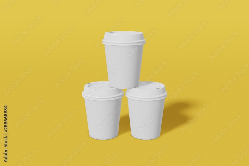 Set of three paper cup mockup with a lid stand in the shape of a pyramid on a yellow background. 3D rendering Set of three paper cup mockup with a lid stand in the shape of a pyramid on a yellow background. 3D rendering
