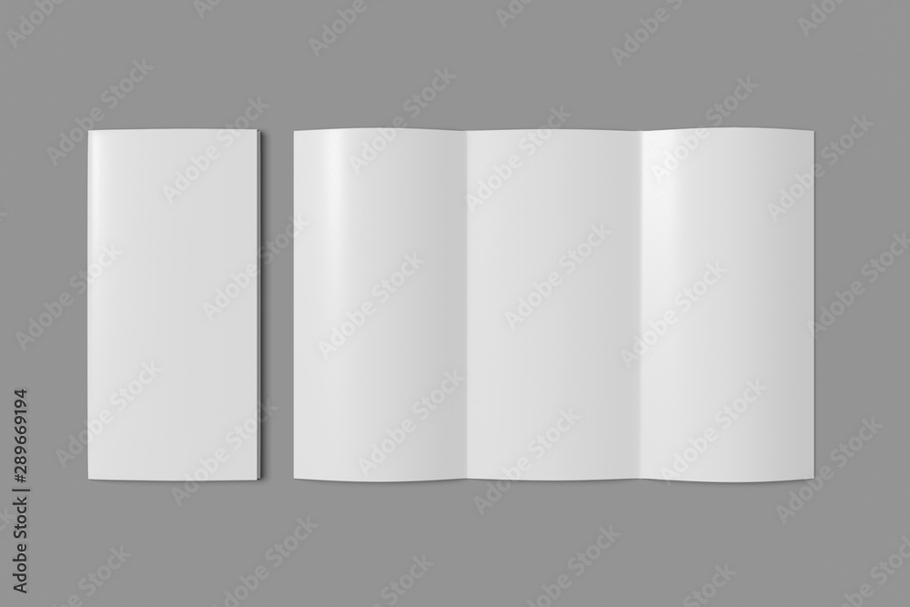 Tri fold booklet mockup closed and open on a gray background. 3D rendering