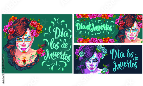 Day of dead, colorful banner and card with girl with traditional make-up and flowers in hair, Mexican holiday, sugar skull. Dia de los muertos party invitation. Vector illustration in flat style.