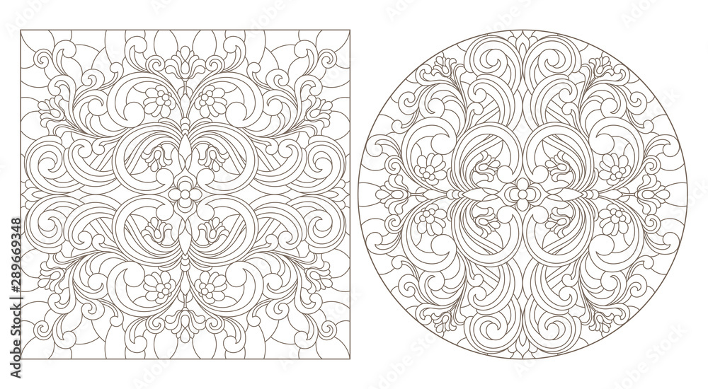 Set of contour illustrations with abstract floral patterns, round and square image, dark contours on white background