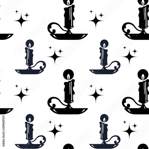Seamless pattern with a burning candle in a candlestick on a white background. Vector illustration