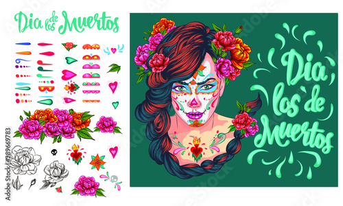 Day of dead  colorful banner and card with girl with traditional make-up and flowers in hair  Mexican holiday  sugar skull. Dia de los muertos party invitation. Vector illustration in flat style.