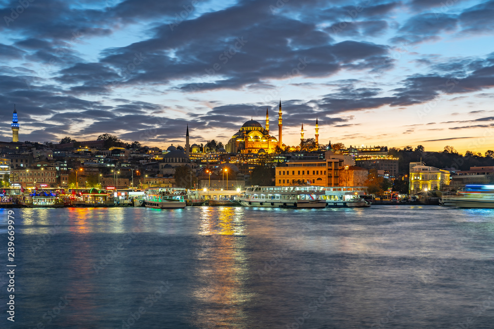 Twilight view of Istanbul port in Istanbul city, Turkey