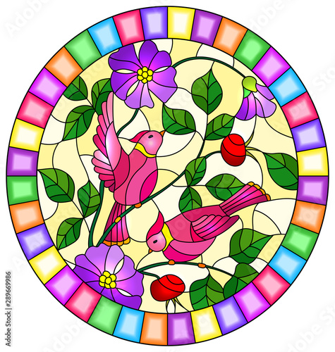 фотографія Illustration in stained glass style with two pink birds on the branches of bloom