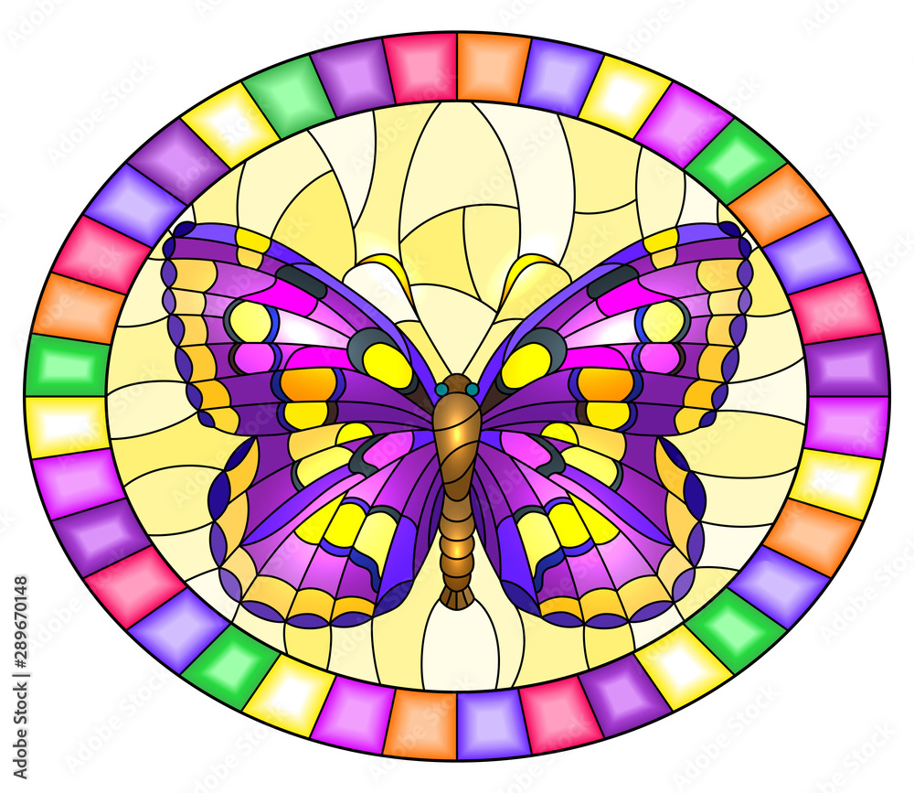 Illustration in stained glass style with bright rpurple  butterfly on a yellow background, oval picture  in a bright frame