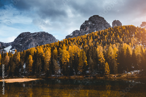 Splendid lake Antorno in National Park Tre Cime di Lavaredo. Location Dolomiti alps, South Tyrol, Italy, Europe.