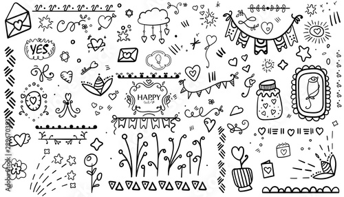Сoloring book and page Set of doodle on background. Valentine's Day Love and Hearts Doodles Design Elements. - Vector. Vector illustration