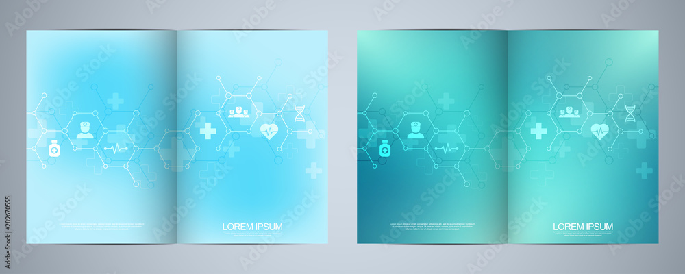 Template brochure or cover book, page layout, flyer design. Concept and idea for health care business, innovation medicine, pharmacy, technology. Medical background with flat icons and symbols. Template brochure or cover book, page layout, flyer design. Concept and idea for health care business, innovation medicine, pharmacy, technology. Medical background with flat icons and symbols.
