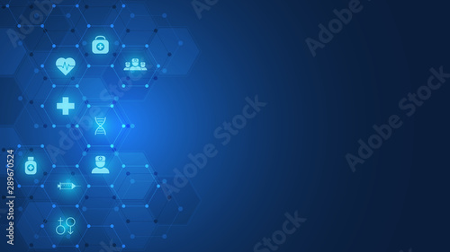 Healthcare and technology concept with flat icons and symbols. Template design for health care business, innovation medicine, science background, medical research. Vector illustration.