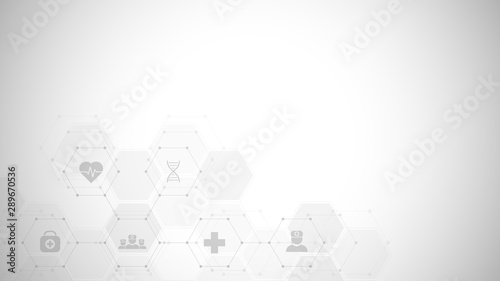 Abstract medical background with flat icons and symbols. Template design with concept and idea for healthcare technology, innovation medicine, health, science and research.
