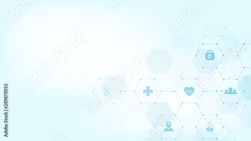 Abstract medical background with flat icons and symbols. Template design with concept and idea for healthcare technology, innovation medicine, health, science and research.