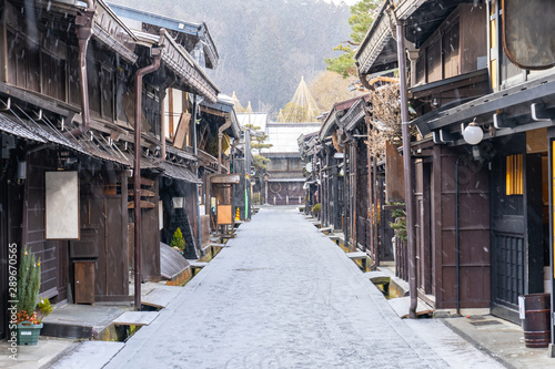 Takayama old town with snow falling in Gifu, Japan © orpheus26