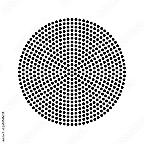 Flat, geometric abstract rosette made of small black dots in a circle on white.