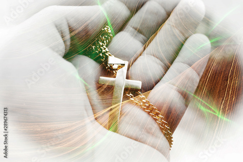 Beautiful Religious Art With Gold Jesus Christ Cross In Palm Of Hand With Gorgeous Canyon Rock Formation & Green Flares High Quality 