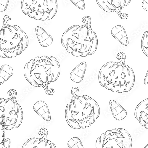 Seamless pattern with Halloween Pumpkin Jack and candy corn in sketch style isolated on white. Festive texture for packages, backgrounds, web pages